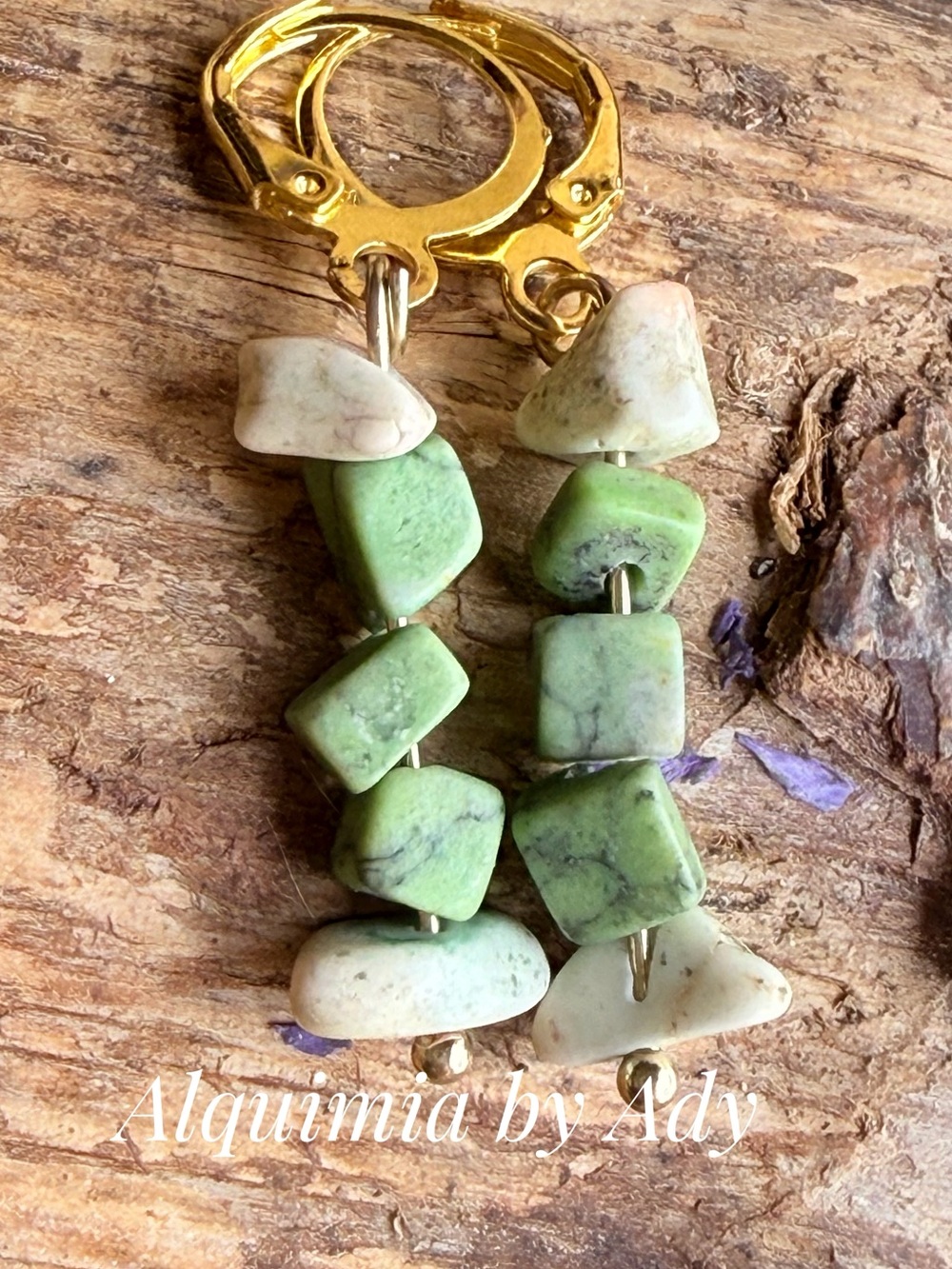 Green and Cream Stone Dangle Earrings with Gold Hooks